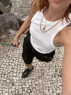 Dog walking in massimo dutti jorts, white tank top and creeper shoes #tanktop #lisbon #jorts #lgbtq Creepers Shoes, White Tank Top, White Tank, Massimo Dutti, Dog Walking