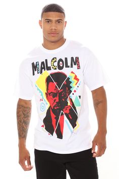 Available In White. Crew Neck Short Sleeve Screen Print Disclaimer: Due To The Printing Process A Difference In Saturation May Occur Each Garment Is Unique 100% Cotton Imported “Malcolm X™ is a Trademark of X Legacy, LLC. WWW. MALCOLMX. COM” | Mens Malcolm X 90's Artist Edition Short Sleeve Tee Shirt in White size 3XL by Fashion Nova 90s Style White Shirt With Graphic Print, Retro White Tops For Streetwear, Pop Culture Graffiti Print Short Sleeve Tops, Multicolor Hip Hop Short Sleeve Tops, Multicolor Short Sleeve Hip Hop Top, Pop Culture Tops For Streetwear In Spring, 90s White Graffiti Print Tops, 90s Style White Top With Graffiti Print, 90s White Top With Graffiti Print