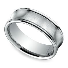 This 14k or 18k white gold Men's concave band is 7.5 millimeters wide and features a satin center with rounded edges for a modern look. Comfort fit and proudly made in the USA. Timeless Formal Bands With Classic Design, Formal White Gold Bands With Polished Finish, Wedding Bands In White Gold With Polished Edges, Wedding Bands With Polished Edges, White Gold Wedding Band With Polished Edges, Formal Silver Platinum Bands, Modern Formal Bands With Polished Edges, Classic Rings With Brushed Finish For Formal Occasions, Timeless Formal Bands With Polished Edges