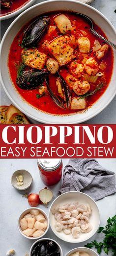 shrimp, clams and mussels in a red sauce with text overlay