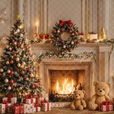 two teddy bears sitting in front of a fireplace with christmas decorations on the mantel