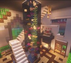 a very large room with some stairs and flowers on it's walls in minecraft