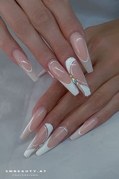 Milky Nails, New Nail Designs, Wedding Nails Design, White Nail Designs, Crystal Nails, Coffin Nails Designs, Classy Nails, Bling Nails, Pretty Acrylic Nails