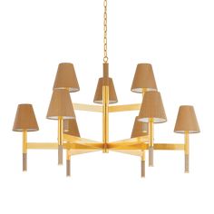 a gold chandelier with six lamps hanging from the bottom and four shades on each lamp