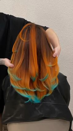 Instagram Ginger With Colored Streaks, Tie And Dye Hair, Orange And Blue Hair Ideas, Ginger Hair With Blue Highlights, Tiger Hair Color, Fox Tips Hair Dye, Orange And Teal Hair, Copper And Blue Hair, Hair With Colored Tips