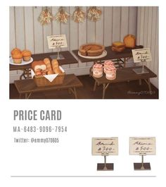 the price card is displayed on tables with pastries in baskets and breads for sale