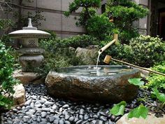 an outdoor fountain surrounded by plants and rocks