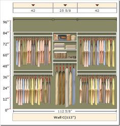 a closet with clothes hanging on the wall and measurements for each item in front of it