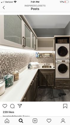 an image of a kitchen setting with washer and dryer on the counter top