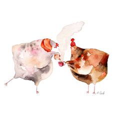 two chickens are facing each other with their beaks in their mouths, and one is eating