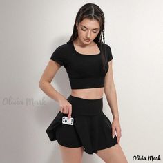 Olivia Mark - Professional Yoga Outfit Set with Chest Pad, Shock Absorbing Sports Bra, Crop Top, Quick-Drying Athletic Shirt, and Tennis Skirt Bra Top Outfit, Tennis Skirt Black, Bra Crop Top, Yoga Outfit, Sport Bra Top, Green Ombre, Floral Midi Skirt, Athletic Shirts, Active Wear Outfits