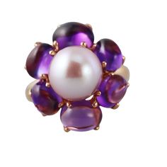 18k gold Mimi Milano ring, with amethyst and 10.3mm pearl. Retail $5800. DESIGNER: Mimi Milano MATERIAL: 18k Gold GEMSTONES: Amethyst, Pearl DIMENSIONS: Ring size 6.25, top is 21mm x 19mm. MARKED/TESTED: Mimi mark, 750. WEIGHT: 10.9 grams CONDITION: New/Store Sample Gold Multi-stone Amethyst Ring Fine Jewelry, Luxury Multi-stone Amethyst Ring In Yellow Gold, Elegant 14k Gold Multi-stone Amethyst Ring, Vintage 14k Gold Multi-stone Amethyst Ring, 14k Gold Multi-stone Purple Amethyst Ring, Gold Flower Ring, Georg Jensen, Flower Ring, Gold Flowers