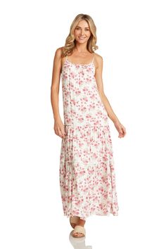 The most darling maxi for all your Summer endeavors! Light & airy, this delicate floral maxi is a perfect choice for the beach, town, and just about everything in between. You'll be the talk of the town! Adjustable straps for the perfect fit. 100% rayon, machine wash, hang dry. Feminine Summer Daywear Maxi Dress, Feminine Maxi Dress For Summer Daywear, Feminine Summer Maxi Dress For Daywear, Feminine Floor-length Beach Maxi Dress, Feminine Flowy Maxi Dress For The Beach, Pink Maxi Dress For Spring Beach Outings, Feminine Maxi Dress For Beach Season, Pink Floor-length Maxi Dress For Vacation, Pink Maxi Dress For Garden Party And Beach Season