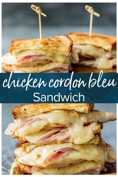 chicken cordon bleu sandwich is stacked on top of each other with toothpicks in the middle