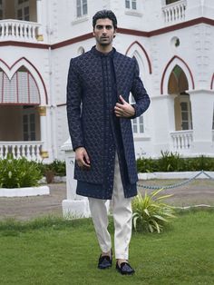 Handcrafted Designer Indo Western Style Sherwani for groom & Family made from the finest Silk fabric will make you feel like a king .indowestern sherwani for men with front open sherwani and inner kurta with fitted trouser.You can customize it according to your measurement as the fitting make it more beautiful to wear. COST INCLUDES SHERWANI,TROUSER & INNER JACKET Open Indowestern For Men, Long Sherwani For Reception, Long Sleeve Sherwani With Pallu For Groom, Long Sleeve Sherwani For Groom Diwali, Designer Long Sleeve Sherwani For Groom, Designer Sherwani For Groom In Winter, Open Sherwani Men, Indowestern Outfits For Men, Western Outfits For Men