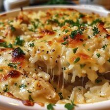 a casserole dish is shown with cheese and parsley on the side, ready to be eaten