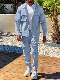 Baby Blue Casual Collar   Plain  Embellished Slight Stretch  Men Clothing Sky Blue Mens Outfit, Men Birthday Outfits, Dressy Outfits For Men, Fashion Nova Men Outfits, Pastel Blue Men Outfit, Guys Clothing Styles Streetwear, Men Baby Shower Outfit, Birthday Outfit For Men Guys, Blue Monochromatic Outfit Men