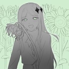 a drawing of a girl with long hair and green eyes standing in front of sunflowers