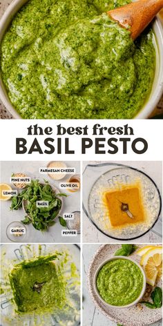 the best fresh basil pesto recipe in a bowl with ingredients and instructions to make it