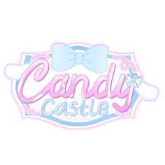 the candy castle logo is shown in pink, blue and white with bows on it