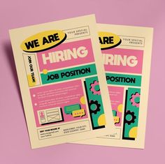 two job flyers sitting on top of a pink surface with the words hiring written below them