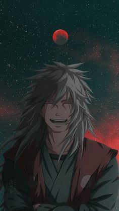 an anime character with long hair in front of a red and blue sky filled with stars