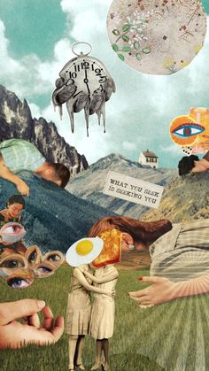 an altered collage of people holding food and looking at something in the sky above them