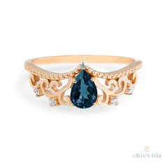 "Teardrop London Blue Topaz Proposal Ring,Filigree 14K Gold Ring,Natural Blue Topaz,Crown Diamond Ring,Classic Bridal Jewelry,Solitaire Topaz ★ ★ ★ ★  CUSTOM/DUTY-FREE SHIPPING WORLDWIDE, BUYERS DON'T HAVE TO PAY ANY CUSTOM FEES WHILE IMPORTING ★ ★ ★ ★  Details Material: 14k/18k gold Color Options: Yellow Gold, White Gold, Rose Gold ★ Center Stone London Blue Topaz,  Pear Size: 5 x 7 mm  Approx Weight (Ct): 0.7 ★ Accent Stones Diamond/Moissanite Round Size: 1.5mm * 6 Nos Approx Weight (Ct): 0.09 Moonstone Wedding Ring, Topaz Wedding Ring, Tiara Ring, Gold Topaz, Diamond Engagement Rings Vintage, Natural Gemstone Jewelry, Crown Ring, Diamond Anniversary Rings, 18k Gold Ring