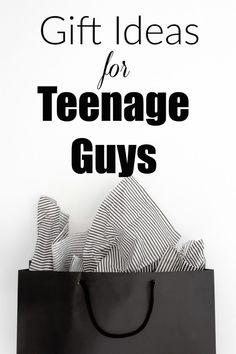 a black shopping bag with the words gift ideas for teenage guys on it and an image of