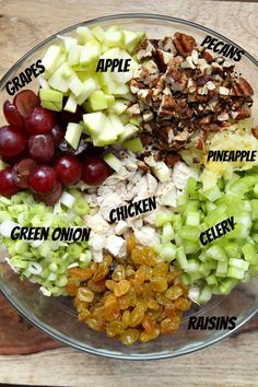 grapes, celery, apples, pecans, and other ingredients in a bowl