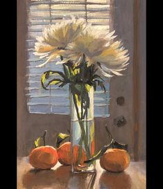 a painting of flowers and oranges on a table