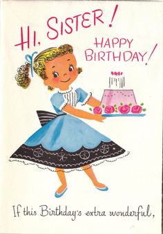 a birthday card with a girl carrying a cake