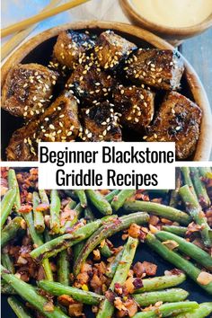 two pictures with the words beginner blackstone griddle recipes in front of them