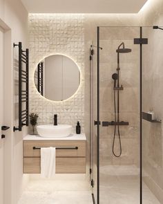 a bathroom with a sink, mirror and shower in it's center wall area