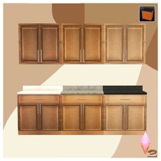 an image of a kitchen with wooden cabinets and granite counter tops on the bottom shelf