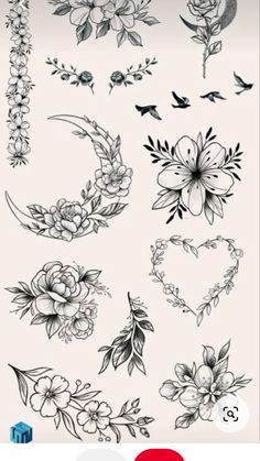 some flowers and birds are drawn on the back of a sheet of paper with black ink