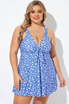 Floral Printed Tie Front V-Neck Swimdress Blue V-neck Dress For Poolside, Fitted Blue V-neck Swim Dress, Blue Fitted V-neck Swim Dress, Fitted V-neck Mini Dress For Poolside, V-neck Blue Swim Dress For Swimming, Casual V-neck Swim Dress For Spring, Fitted V-neck Swim Dress For Spring, Spring V-neck Swim Dress For Poolside, Spring V-neck Swim Dress