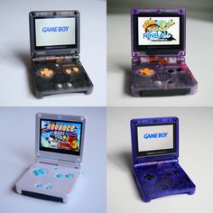 four different views of an electronic device with gameboy on the screen and in its case