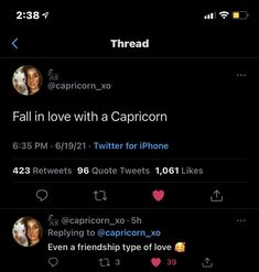 two tweets that are on the same page, one is in love with a capricon