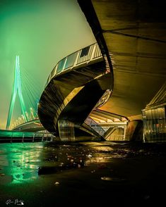 the underside of a bridge that is lit up green