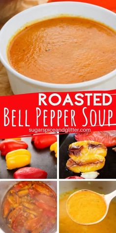 roasted bell pepper soup in a white bowl