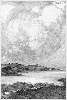 an ink drawing of clouds over the ocean