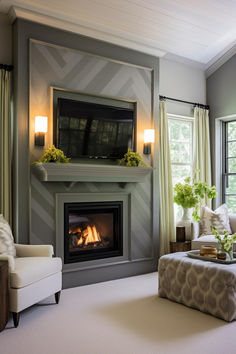 a living room filled with furniture and a fire place