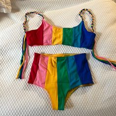 Paper London Bikini Size Xs Cheeky Fit. Never Worn. Multicolor Color Block Swimwear For Party, Party Color Block Multicolor Swimwear, Multicolor Fun Swimwear For Party, Multicolor Fun Swimwear For Festivals, Fun Multicolor Swimwear For Party, Fun Multicolor Festival Swimwear, Fun Multicolor Party Swimwear, Playful Multicolor Swimwear For Parties, Playful Multicolor Party Swimwear