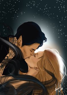 a man and woman kissing under the stars