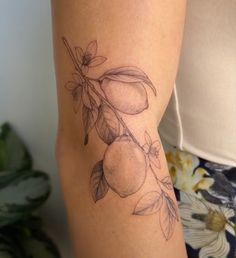 a woman with a tattoo on her arm holding onto an apple tree branch and leaves