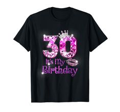 a black shirt with the words 30th birthday printed on it and pink letters that say 50