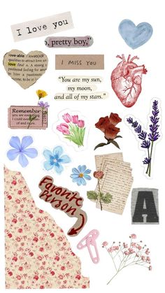 an assortment of stickers that include flowers, hearts and other things to write on them