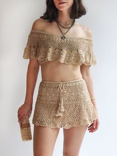 Filigree Mini Skirt - GOLD Champagne Collection, Athena Dresses, Crochet Clothing And Accessories, Crochet Skirt, Bell Bottom Pants, Mini Slip Dress, Crochet Crop Top