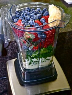 a blender filled with fruit and yogurt